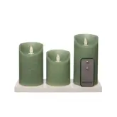 (3X) Oplaadbare Kaars Wax Jade Groen Rust Bew. Vlam 7,5X10/12,5/15Cm Ind. Oplader/Ab