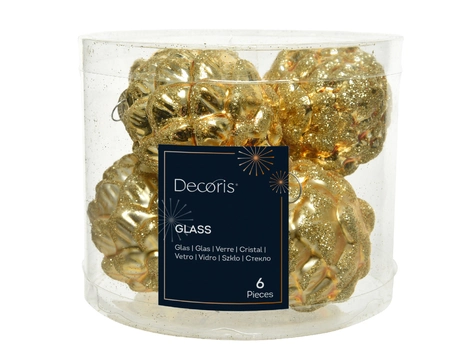 Decoris Glazen Kerstbal Dennenappel 6 stuks - Licht Goud - afbeelding 1