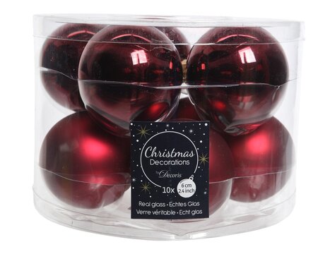 Decoris Glazen kerstballen tube 10 stuks - ossenbloed - afbeelding 1