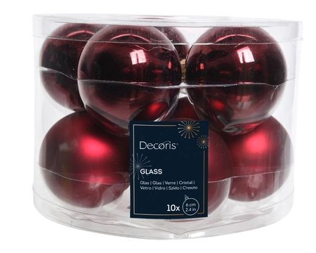 Decoris Glazen kerstballen tube 10 stuks - ossenbloed - afbeelding 2